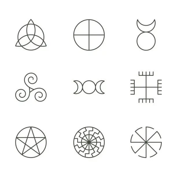 Vector illustration of Pagan ancient symbols, mystery sacred icons, illustration