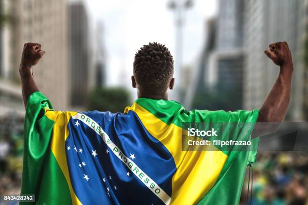 Brazilian Young Man Holding The Flag In Sao Paulo Stock Photo - Download Image Now - Brazil, Politics, Democracy