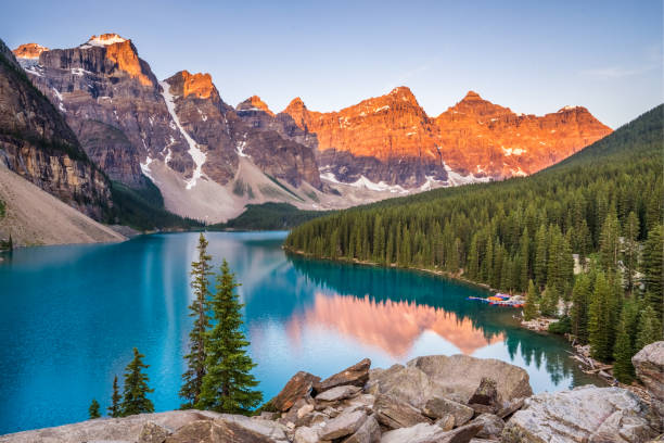 alba sul lago moreno - lake louise national park landscape forest foto e immagini stock