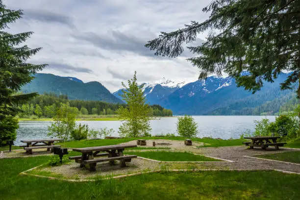 Picnic tables at a campground in Baker Lake, Mount Baker-Snoqualmie National Forest, Washington State, USA