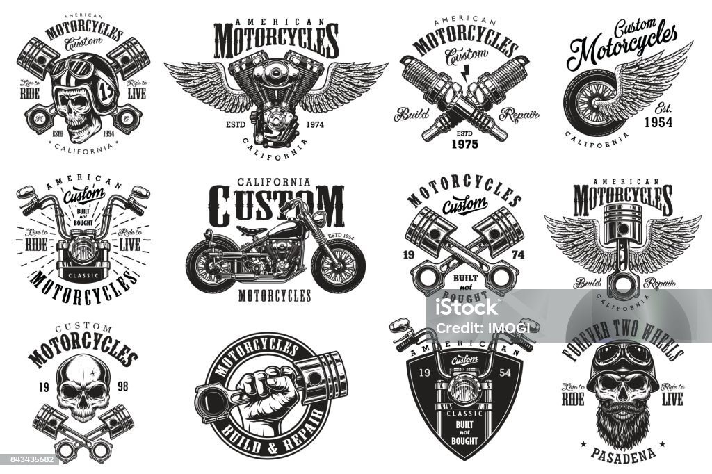 Satz Von Custom Motorrad Embleme Stock Vektor Art und mehr Bilder von  Motorrad - Motorrad, Vektor, Motor - iStock