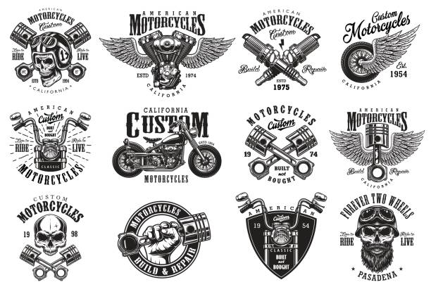 ilustraciones, imágenes clip art, dibujos animados e iconos de stock de conjunto de emblemas de motos custom - motor