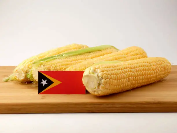 Photo of East Timorese flag on a wooden panel with corn isolated on a white background