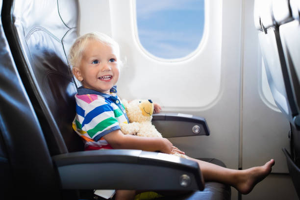 istock Child flying in airplane.Flight with kids. 843455212