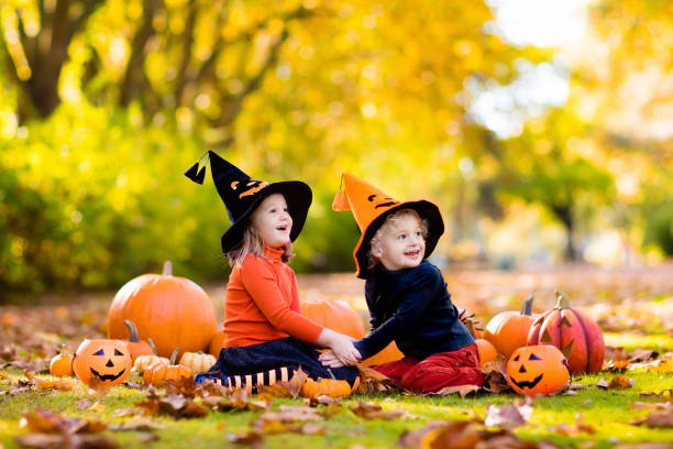istock Kids with pumpkins in Halloween costumes 843455538