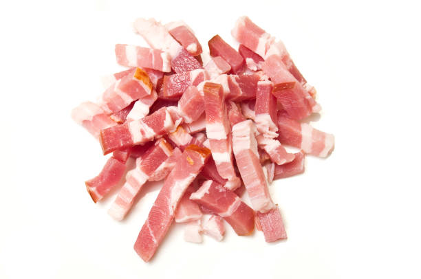 bacon cubes on white background - pancetta imagens e fotografias de stock