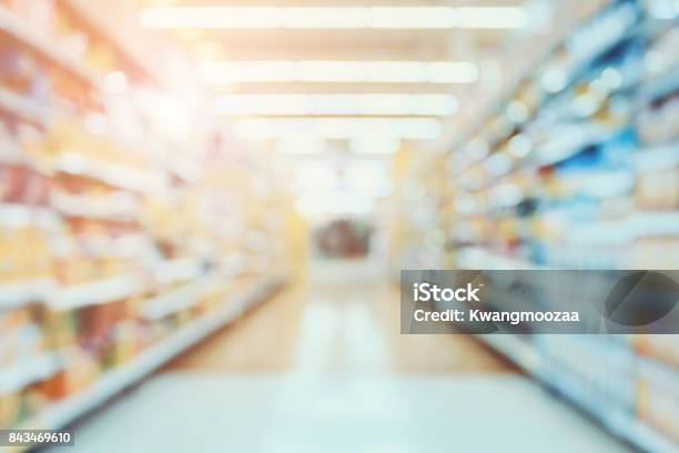 Supermarket Aisle Blur Abstract Background Stock Photo - Download Image Now - Supermarket, Backgrounds, Aisle