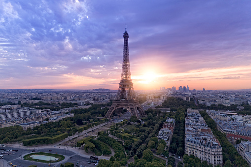 Aerial view of Paris skyline with Eiffel tower during sunset