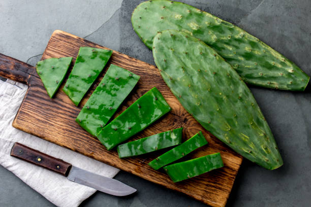 congé de nopales cactus. mexicain ingrédient alimentaire et des boissons. vue de dessus - prickly pear cactus photos et images de collection