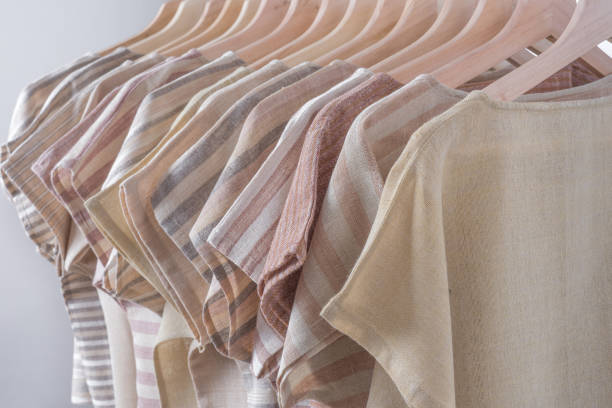 istock cotton beige stripe woman blouse on white background. 843485282