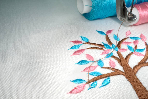 istock Embroidery tree cartoon style on white cotton fabric 843491482