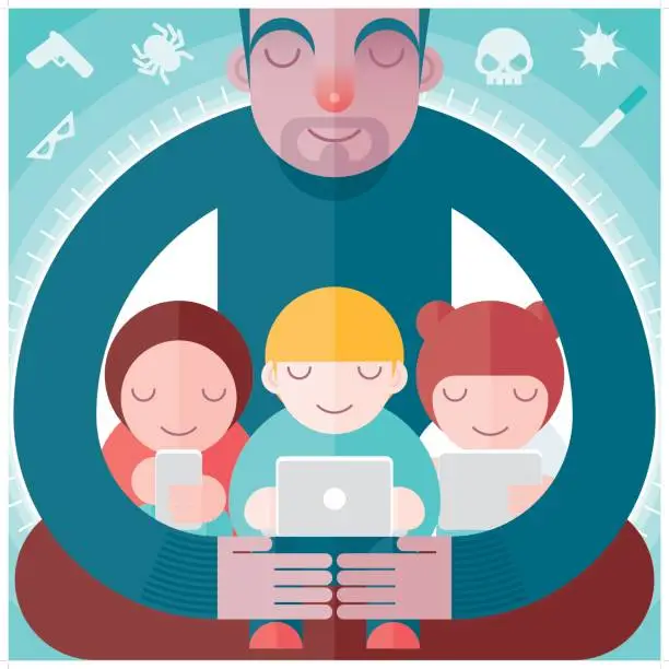 Vector illustration of a father protecting the children from online threats