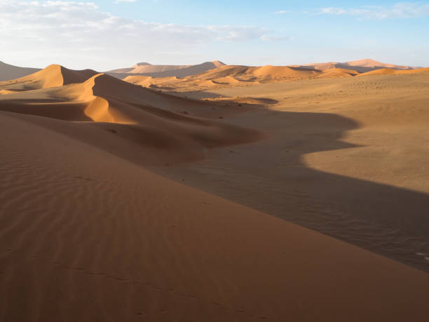 istock Beautiful natural curved ridge line and wind blow pattern of rusty red sand dune with soft shadow on vast desert landscape, Sossus, Namib desert 843501940