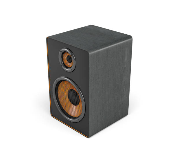 istock 3d rendering of a large black stereo box with two round speakers on white background 843502542