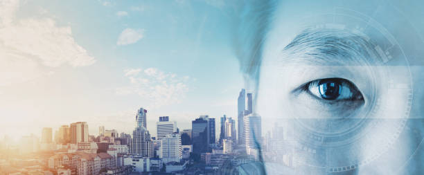 istock Double exposure, Asian businessman's eye, with futuristic technology visual effect and city skyline in sunrise background 843509204