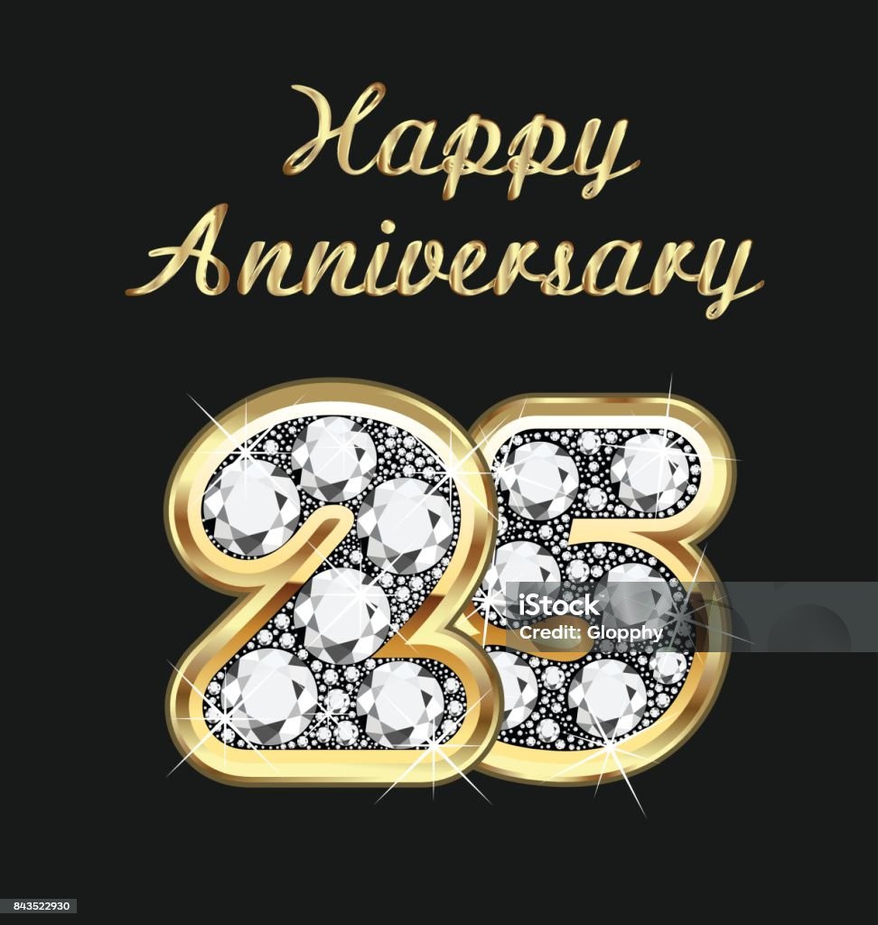 Anniversary 25th years birthday in gold and diamonds vector Anniversary 25th years birthday in gold and diamonds vector image template 25-29 Years stock vector