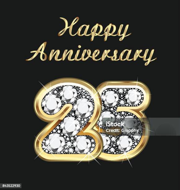 Anniversary 25th Years Birthday In Gold And Diamonds Vector Stock Illustration - Download Image Now