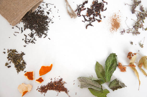 istock Mint and melissa leafs, green and black tea, dried orange peel, linen bag with empty space on white background. 843523050