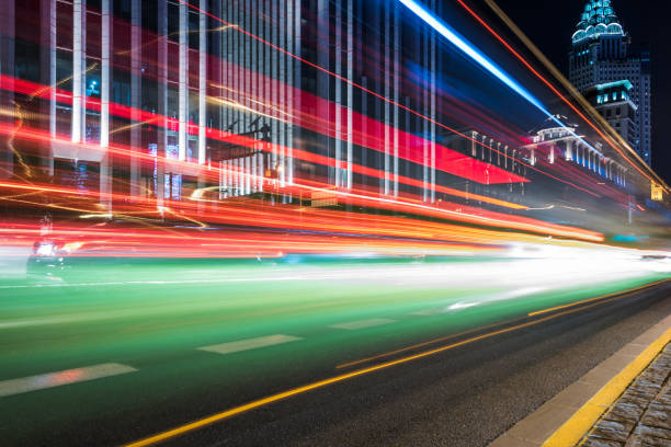 istock traffic light trails at night in Shanghai, China 843526428
