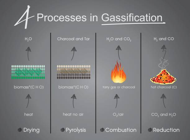 ilustrações de stock, clip art, desenhos animados e ícones de 4 processes in gasification drying, pyrolysis, combustion, reduction. info graphic vector. - pyrolysis