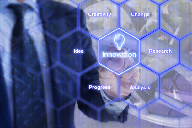 istock Businessman in blue suit touching a hexagon grid with innovation keywords 843533904