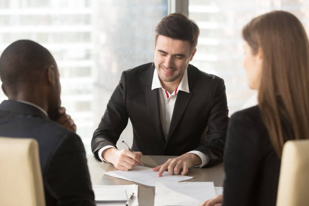 istock Happy candidate singing contract with employers 843534100
