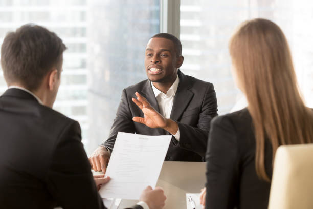 istock Black job applicant presenting himself to employer 843534116
