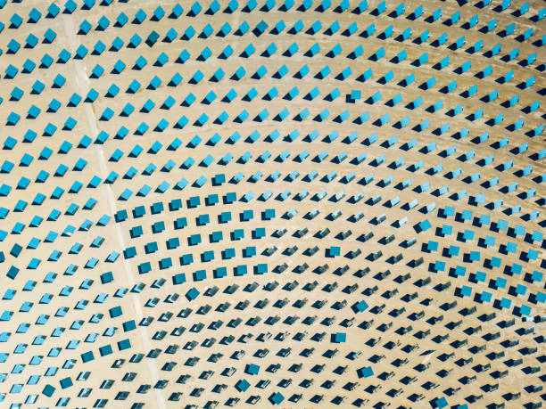 Aerial view of Solar Mirrors directly from above of large Solar Thermal Power Station in the Desert. Solar thermal power station.