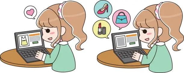 Vector illustration of Fashionable girl online shopping