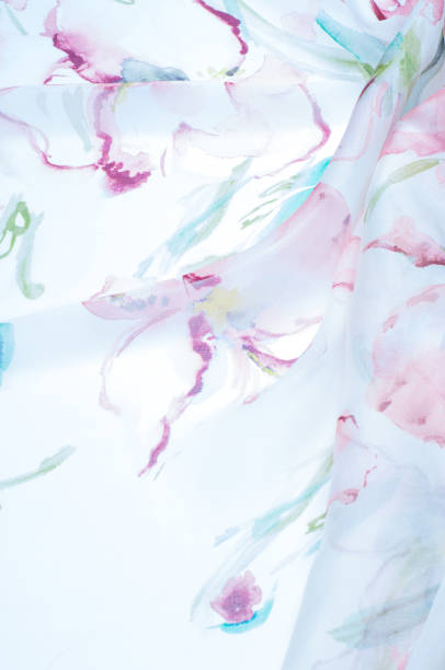 Photo of Fabric silk texture, painted with flowers