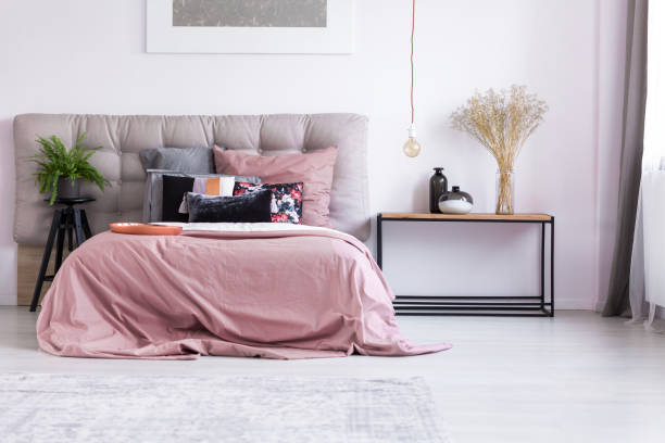 istock Pastel pink bedroom with plant 843542532