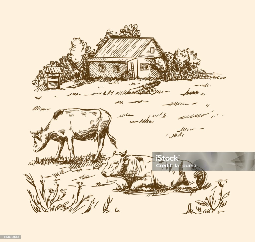 village houses and farmland village houses and farmland. vector sketch drawn by hand on a grey background Farm stock vector