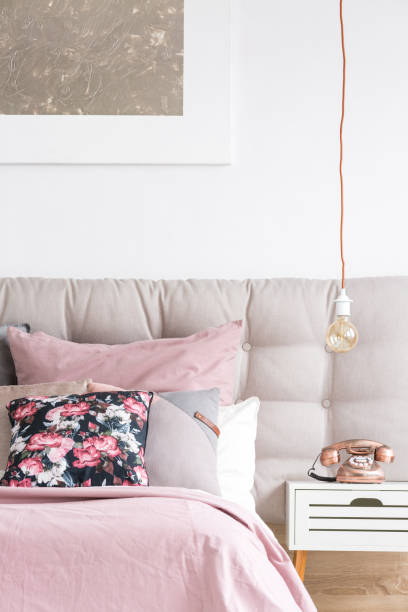 istock Elegant bedroom with floral pillow 843542674