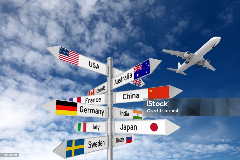 Travel destinations direction sign airplane Global Business Stock Photo