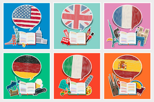 Concept of travel or studying Concept of travel or studying languages. English, German, Spanish, Italian, French. Hand drawn flags with Sightseeings. Flat design, vector illustration usa england stock illustrations