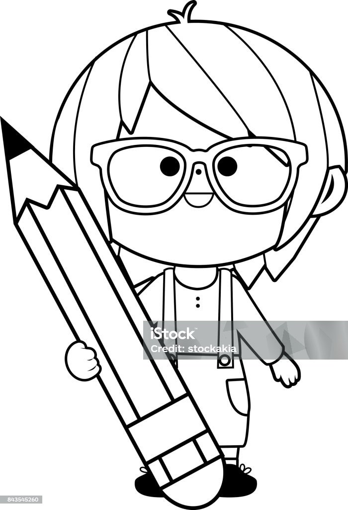 Child holding a big red, pencil. Black and white coloring book page Little boy student holding a big pencil. Vector black and white coloring book page Boys stock vector