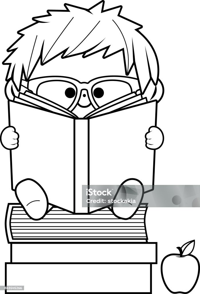 Little boy reading books. Black and white coloring book page A child sitting on a stack of books and reading. Vector black and white coloring book page Book stock vector