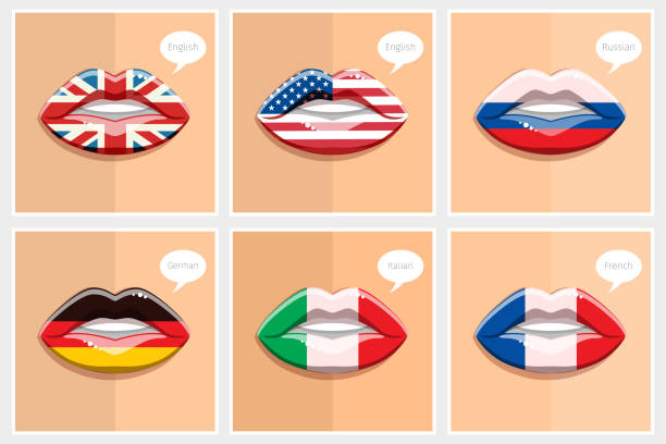 Learning languages concept. Learning languages concept. Open lips with flags. Learning English, American, French, German, Italian, Russian languages. Flat design vector illustration french language learn stock illustrations