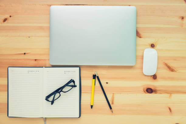 istock Computer laptop on table blackground, Top view, Business and education concept 843549018