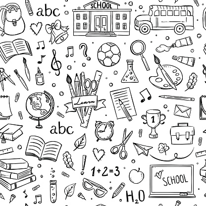 istock Seamless school pattern. Background with hand drawn school and education illustrations and symbols 843549772