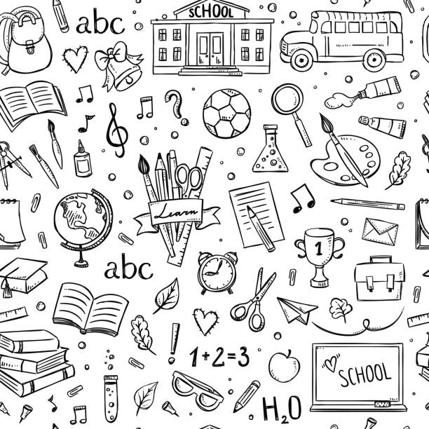 Seamless school pattern. Background with hand drawn school and education illustrations and symbols Seamless school pattern. Background with hand drawn school and education illustrations and symbols school supplies stock illustrations