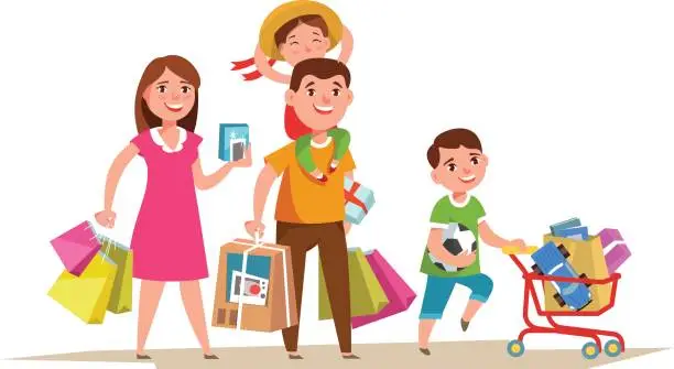 Vector illustration of Happy family with shopping bag