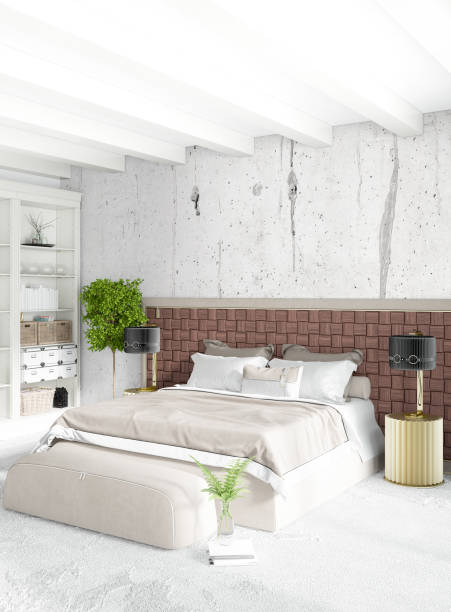 istock Modern loft interior bedroom or living room with eclectic wall with space. 3D rendering. 843560726