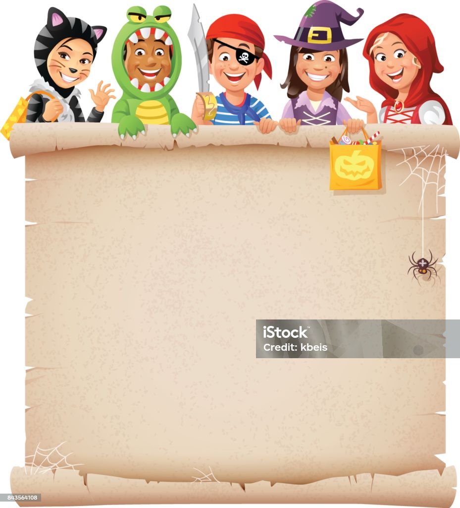 Halloween Costume Party Invitation Vector illustration of five children dressed up as a cat, a crocodile, a pirate, a with and little red riding hood, behind a parchment. Halloween greeting card or party invitation with space for text. Child stock vector