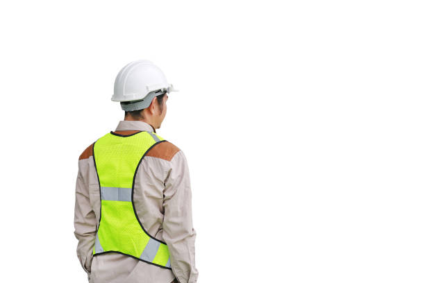 istock Back view of Male construction worker isolated on white background. 843565440