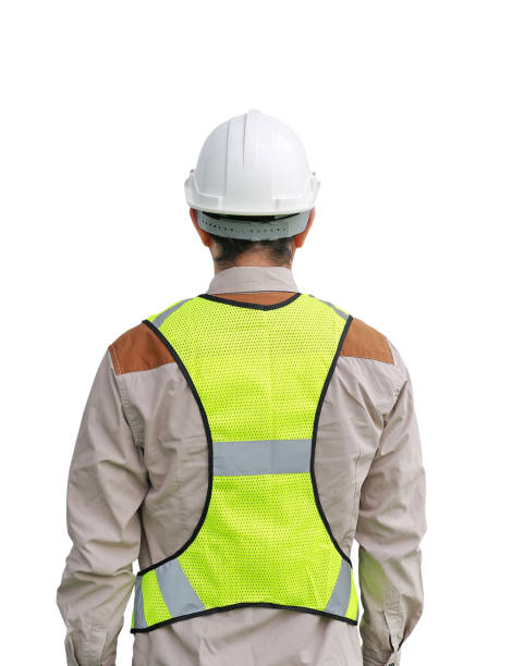 istock Back view of Male construction worker isolated on white background. 843565554