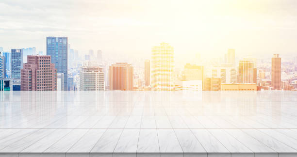 istock Empty marble floor top with panoramic modern cityscape of Osaka, Japan for display or montage product 843565950