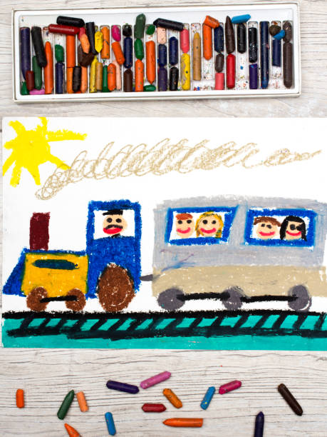 istock Photo of colorful drawing: train with smiling passengers 843566334