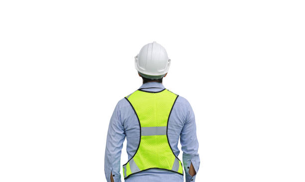 istock Back view of Male construction worker isolated on white background. 843569634