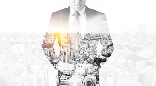 istock Business man with dark suit, double exposure effect 843570718